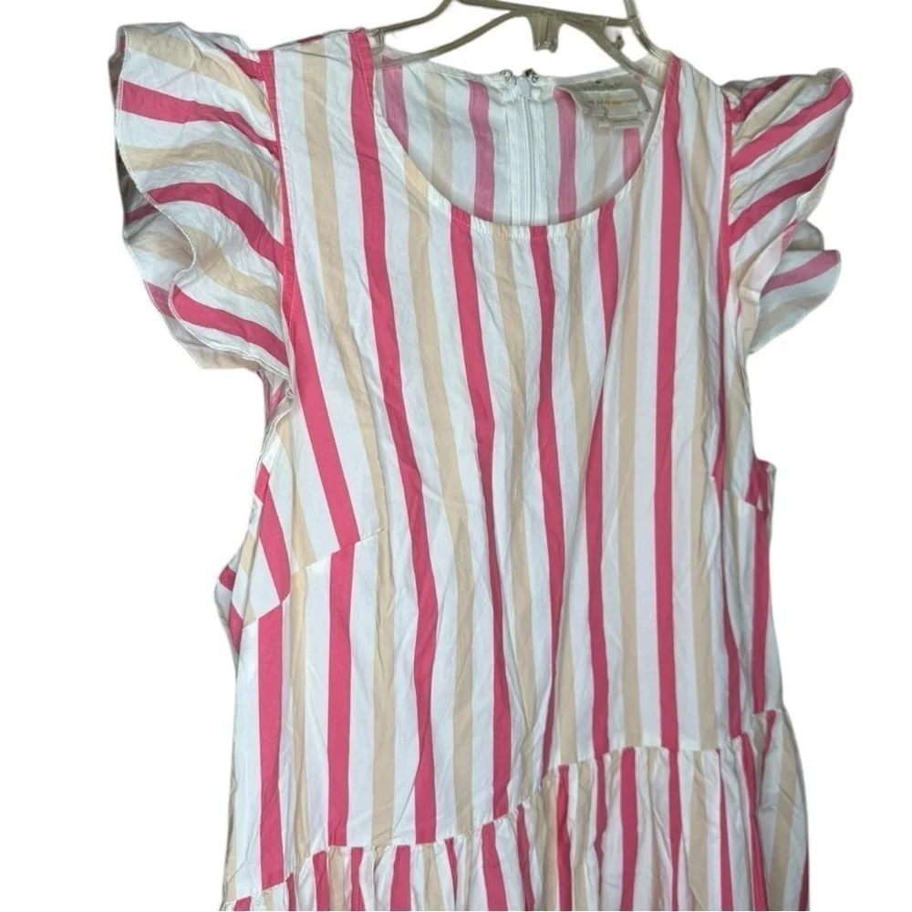 ▶️ Kate Spade ◀️ Pink Striped Poplin Ruffle Midi Dress Women's 14